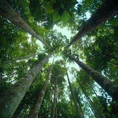 Fototapeta premium Low angle of a dense forest with tall trees swaying in the wind.