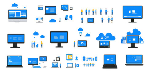 Digital workspace illustrations featuring various devices and cloud technology, showcasing teamwork and collaboration in modern environment