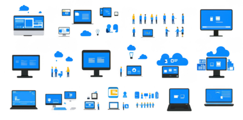 Digital workspace illustrations featuring various devices and cloud technology, showcasing teamwork and collaboration in modern environment