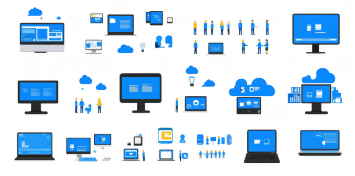 Digital workspace illustrations featuring various devices and cloud technology, showcasing teamwork and collaboration in modern environment
