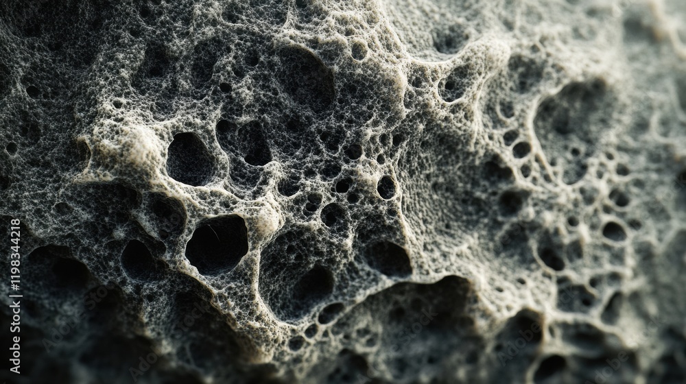 Poster dense layer of microbes showcasing intricate patterns in a microscopic landscape. generative ai