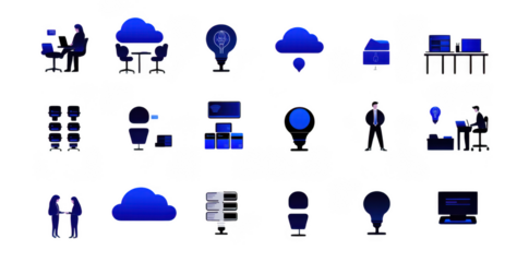 Cloud computing icons set featuring various digital elements and activities. illustrations include people working, data storage, and cloud technology, all in blue color scheme