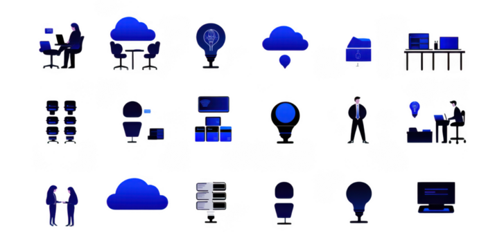 Cloud computing icons set featuring various digital elements and activities. illustrations include people working, data storage, and cloud technology, all in blue color scheme