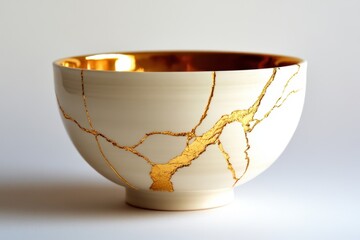 Restored Japanese chawan bowl adorned with gold kintsugi
