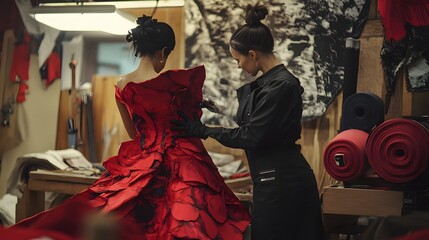 Designer adjusts a magnificent red dress in her workshop