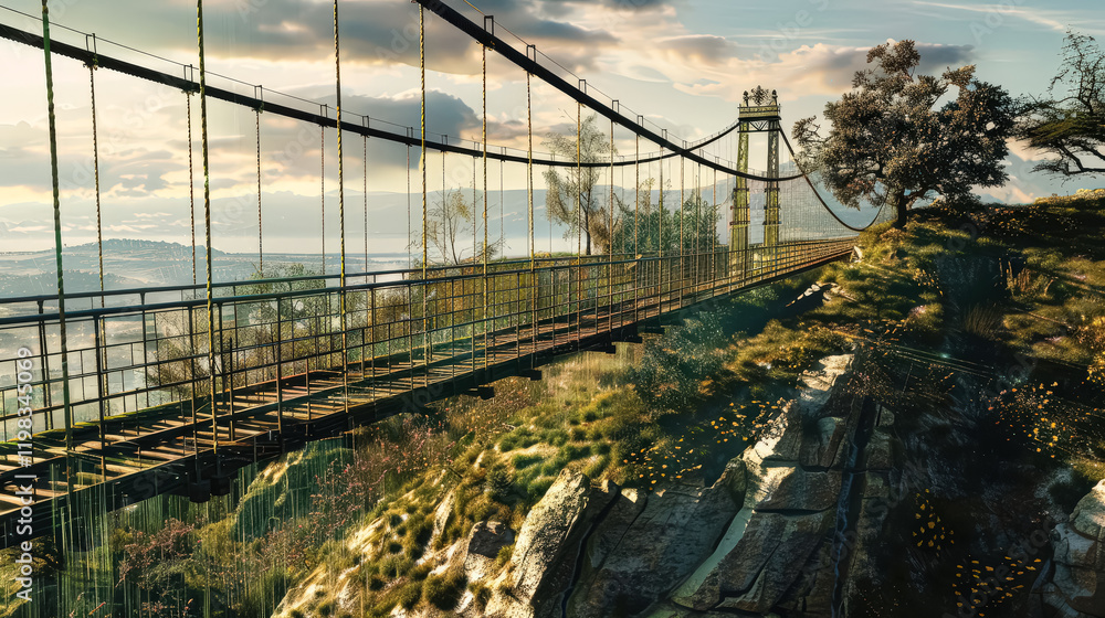 Poster bridge spans a river with a foggy sky in the background. the bridge is surrounded by trees and grass