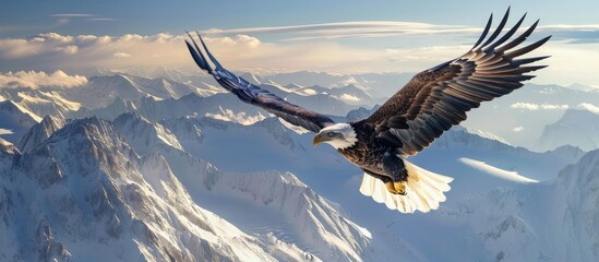 Naklejka premium Majestic Bald Eagle Soaring Above Snowy Mountains