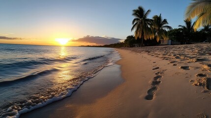 Serene Sunset Over Tranquil Beachside with Gentle Waves and Footprints in Soft Sand, Highlighting Tropical Atmosphere and Scenic Nature Beauty