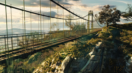 Obraz premium Bridge spans a river with a foggy sky in the background. The bridge is surrounded by trees and grass, creating a peaceful and serene atmosphere