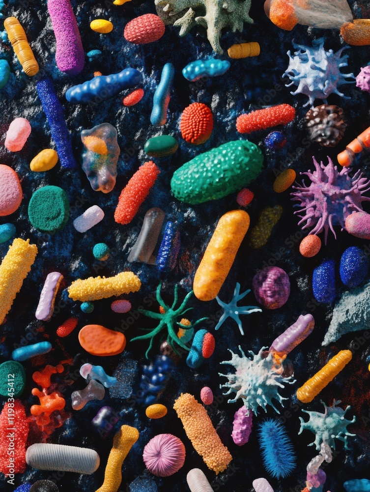 Poster Diverse array of colorful bacteria and microbes observed under microscopic conditions in a laboratory setting. Generative AI
