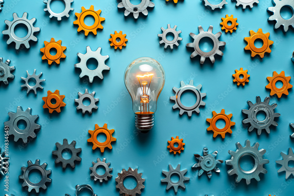 Poster light bulb is surrounded by gears, representing the idea of innovation and progress. scene is one of