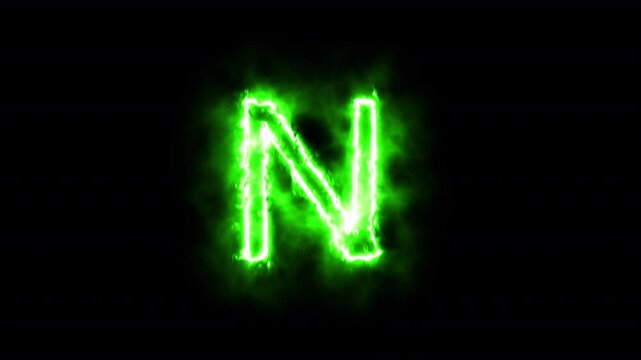 Alphabets N neon animation. Neon Glowing letter on black background,  capital letter alphabet N, Green neon font letter "N" on black background.