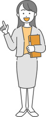 ファイルを持って指差しをする若いビジネスウーマン／先生の全身イラスト