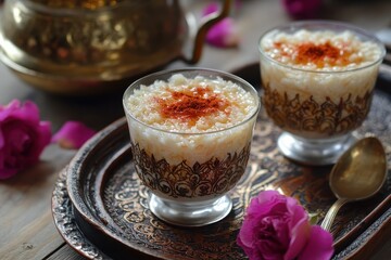 Roz bel laban is a well liked rice pudding dessert in Egypt made with rice rose water spices and honey