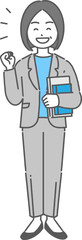 本を持ってガッツポーズをするベテランのビジネスウーマン／先生の全身イラスト

