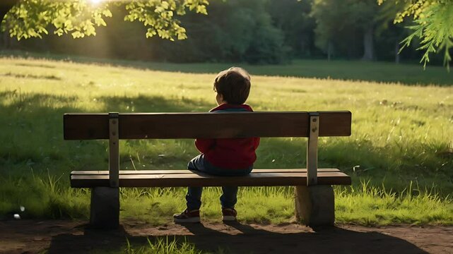 A little boy sits alone on a park bench, shot from behind. Seamless 4K looping timelapse video animation background