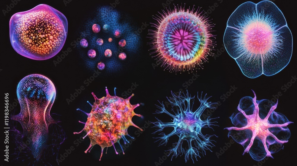 Aufkleber sequence of evolving bacteria displaying diverse forms and structures under microscopic observation 
