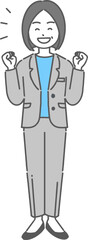 ガッツポーズをするベテランのビジネスウーマン／先生の全身イラスト