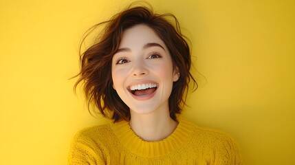 Happy young woman wearing yellow sweater smiles brightly