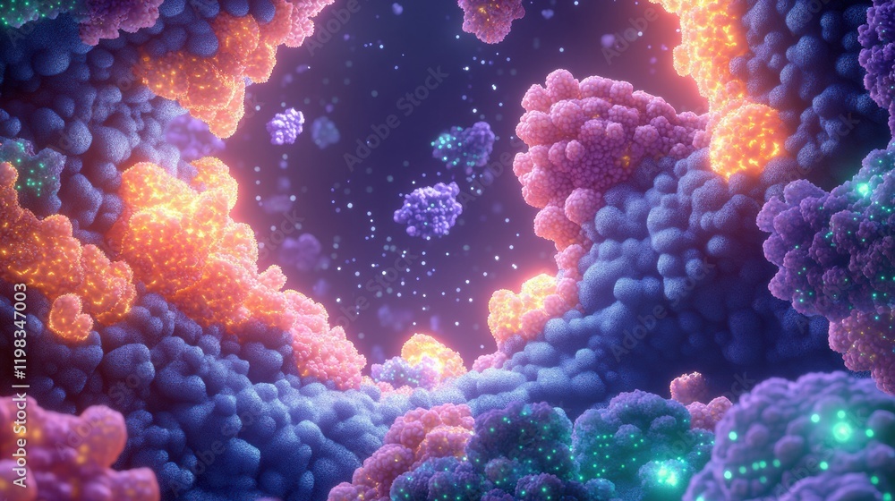 Poster exploring intricate molecular interactions with microbes in a vibrant, colorful environment. generat