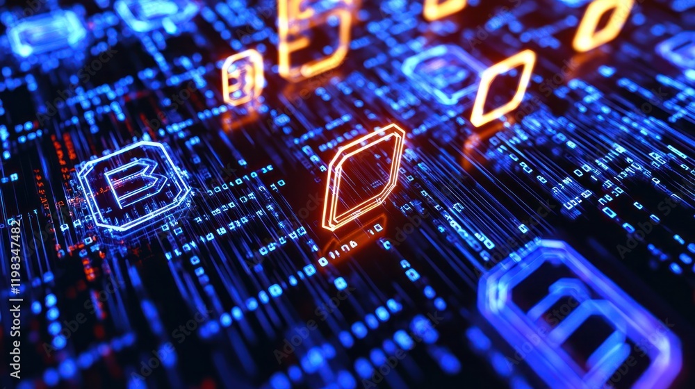 Poster abstract digital cryptocurrency network: neon b icons on binary code