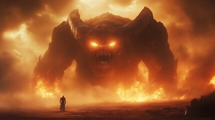 Immense fiery demon confronts lone figure.