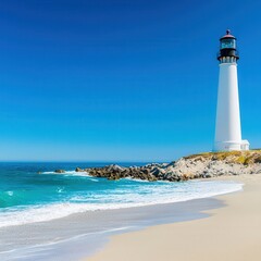 Fototapeta premium Low angle of a towering lighthouse on the shore with the message Preserve Our Oceans.