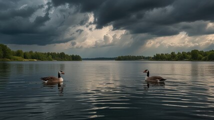 geese lake,A Pair of Geese Floating on Calm Waters Under Cloudy Skies

