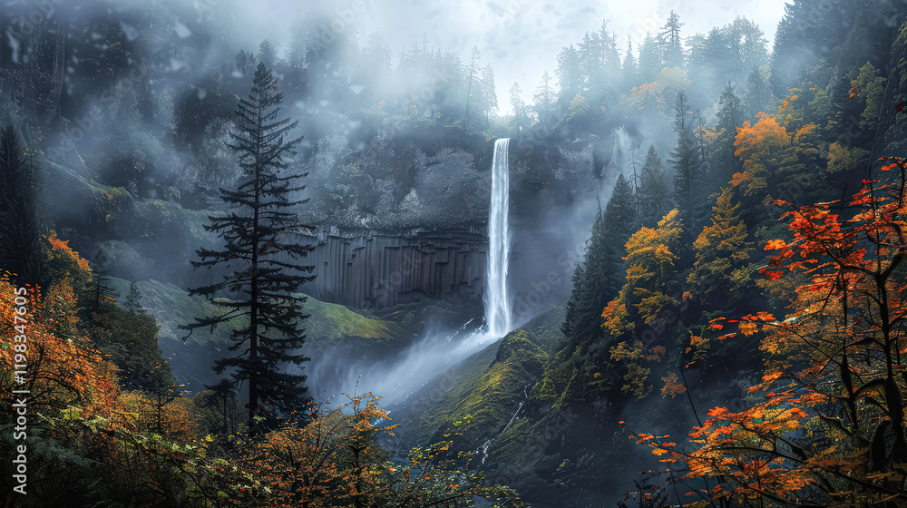 Poster waterfall is surrounded by trees and a river. the water is flowing over rocks and the trees are in f