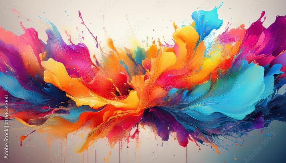 Poster Vibrant Abstract Paint Splashes on a Light Background Exuberant Colors and Textures Create an Energetic Artistic Expression, Emulating an Explosion of Creativity.