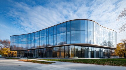 Fototapeta premium Modern glass building with curved facade, reflecting blue sky and trees.