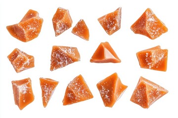Salted caramel chunks on white background Sweet and salty fudges with white salt flakes Assortment Group