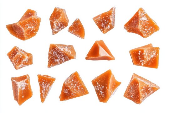 Salted caramel chunks on white background Sweet and salty fudges with white salt flakes Assortment Group