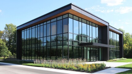 Obraz premium Modern glass office building exterior on sunny day.