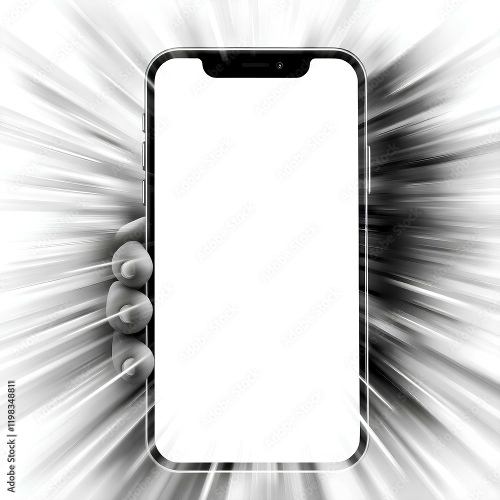 Poster smartphone with a white frame surrounded by radiant light beams and speed effect symbolizing advance