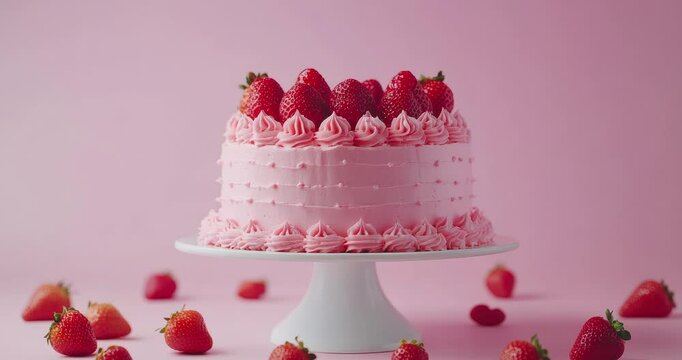 A pink strawberry cake with fresh strawberries. Strawberry cream puff cake. Delicate pink strawberry cake. Beautifully crafted strawberry shortcake with cream. Slice Strawberry cake. Birthday cake