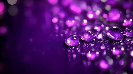 Purple water drops on reflective surface.