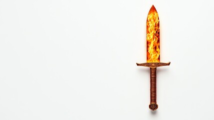 A fiery sword with an ornate handle, set against a minimalist white background, conveying a sense of power and fantasy.