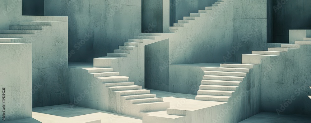 Poster abstract design of staircases creating a maze-like structure.