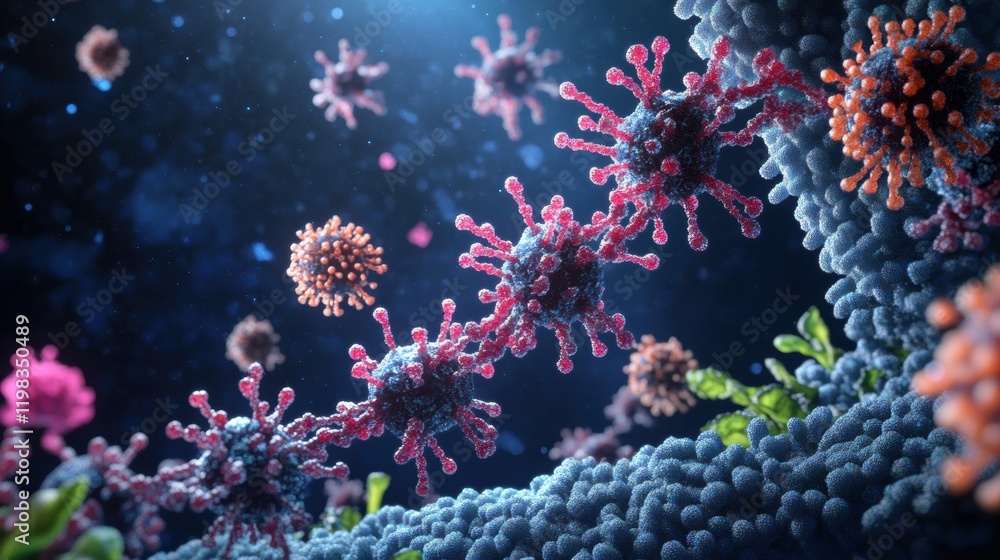 Leinwandbilder close up view of molecular rna chain surrounded by various viruses in a dynamic biological environme