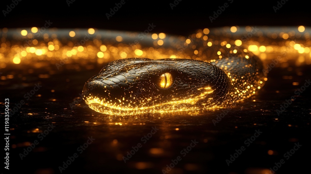 Poster a stunning close-up of a glowing snake creating a magical atmosphere with glittering gold particles 