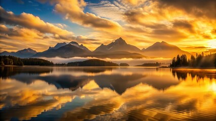 Fototapeta premium Golden Hour Serenity A Majestic Mountain Lake Reflecting the Fiery Sunset Sky
