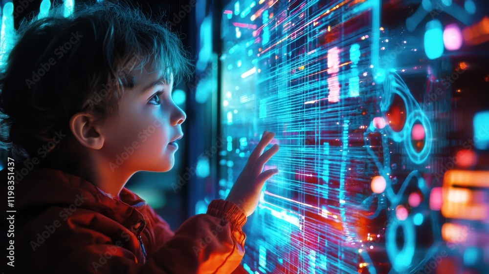 Poster child exploring interactive digital interface with vibrant colors.