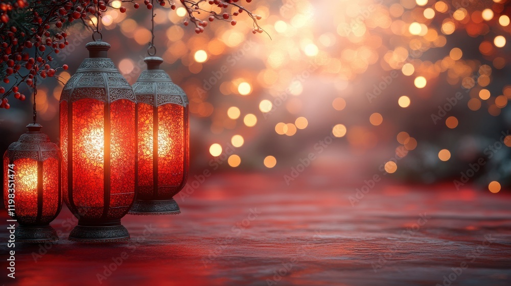 Poster beautifully crafted lanterns illuminating a serene background with bokeh effects in warm tones for a