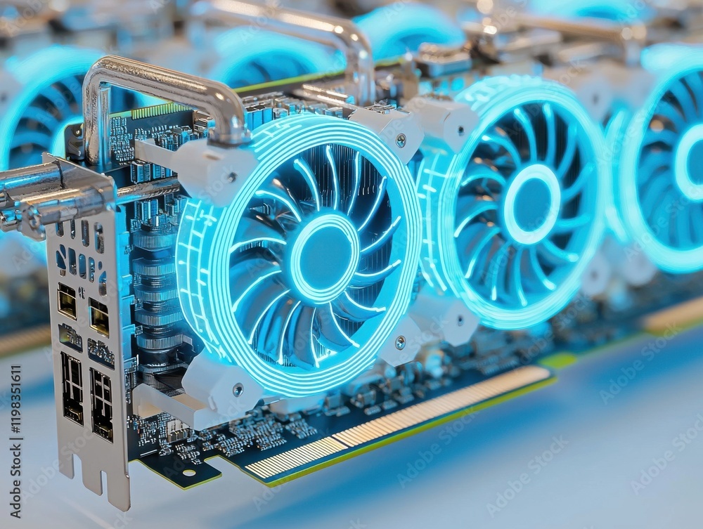 Poster close-up of a modern gpu with illuminated fans and intricate design.