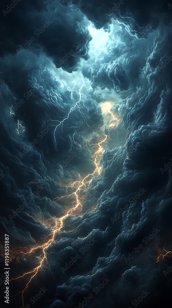 Poster thunderclouds morphing into mythical creatures, with lightning illuminating their jagged forms