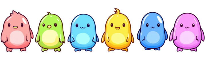 Cute cartoon animals in vibrant colors, featuring pink, green, blue, yellow, and purple characters with round shapes and cheerful expressions
