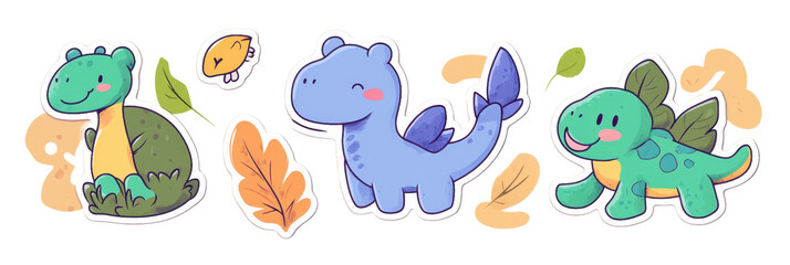 Cute cartoon dinosaurs with vibrant colors and playful expressions, surrounded by leaves and small...