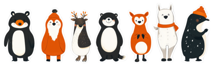 Cute cartoon animals in sticker set featuring bear, fox, deer, penguin, raccoon, and more, showcasing playful designs and vibrant colors. Perfect for kids decor