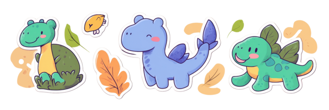 Cute cartoon dinosaurs with vibrant colors and playful expressions, surrounded by leaves and small fish. Perfect for children illustrations and playful designs